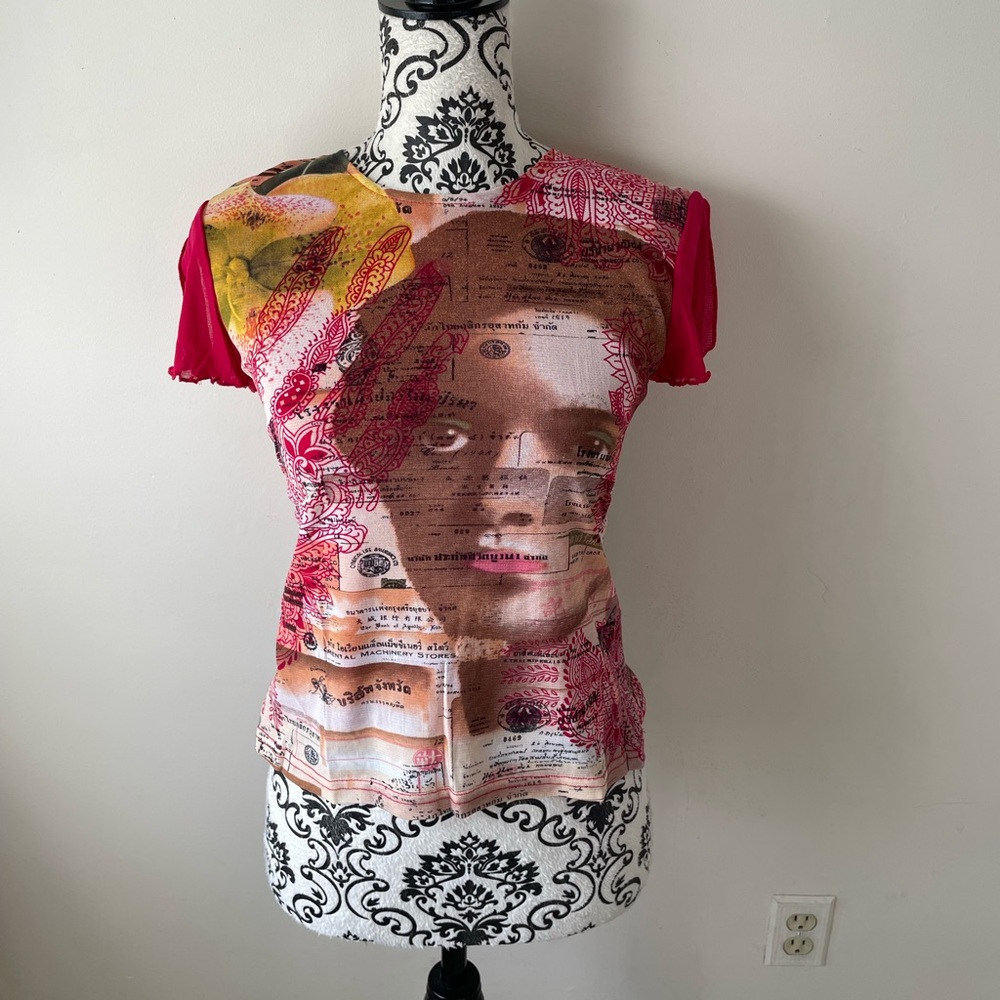 Lovely designer t shirt from Macau- nouveau art - red nylon liner with overlay